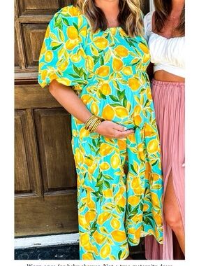 Turquoise Lemon Print Maxi Dress